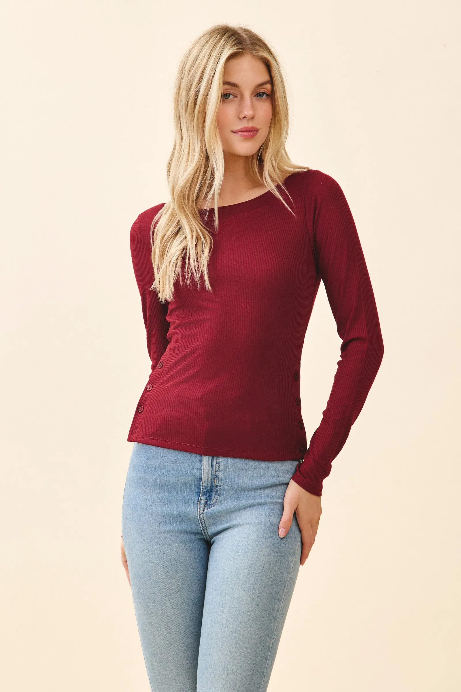 BOAT NK SIDE BUTTON LONG SLV TOP sold by Heart & Hips