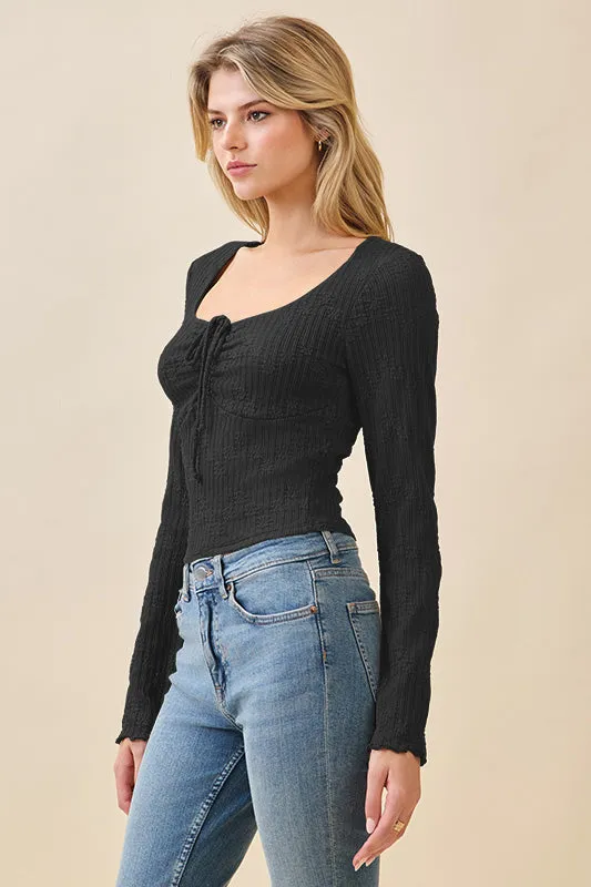 FRONT TIE JACQUARD LACE TOP W/ MERROW EDGE SLEEVE sold by Heart & Hips product image thumbnail 2