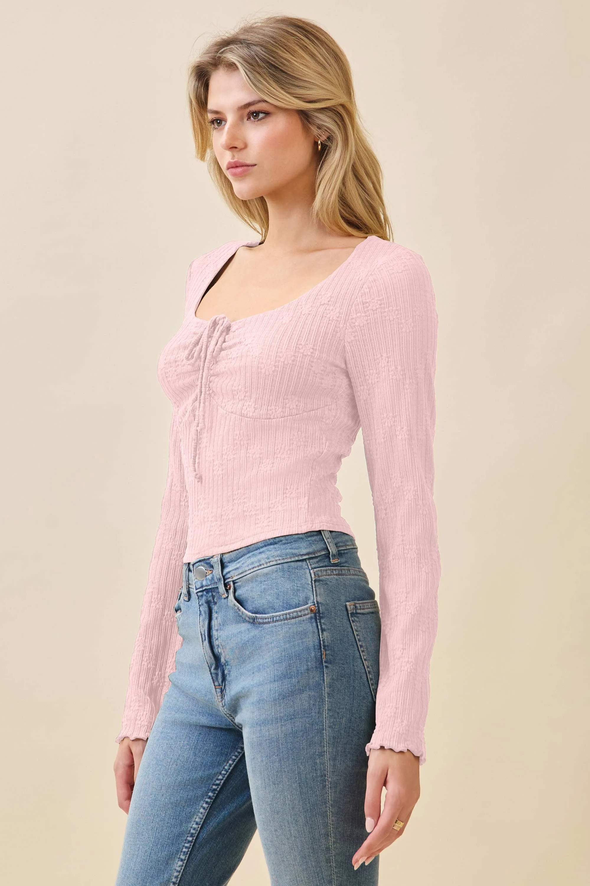 FRONT TIE JACQUARD LACE TOP W/ MERROW EDGE SLEEVE sold by Heart & Hips product image thumbnail 5