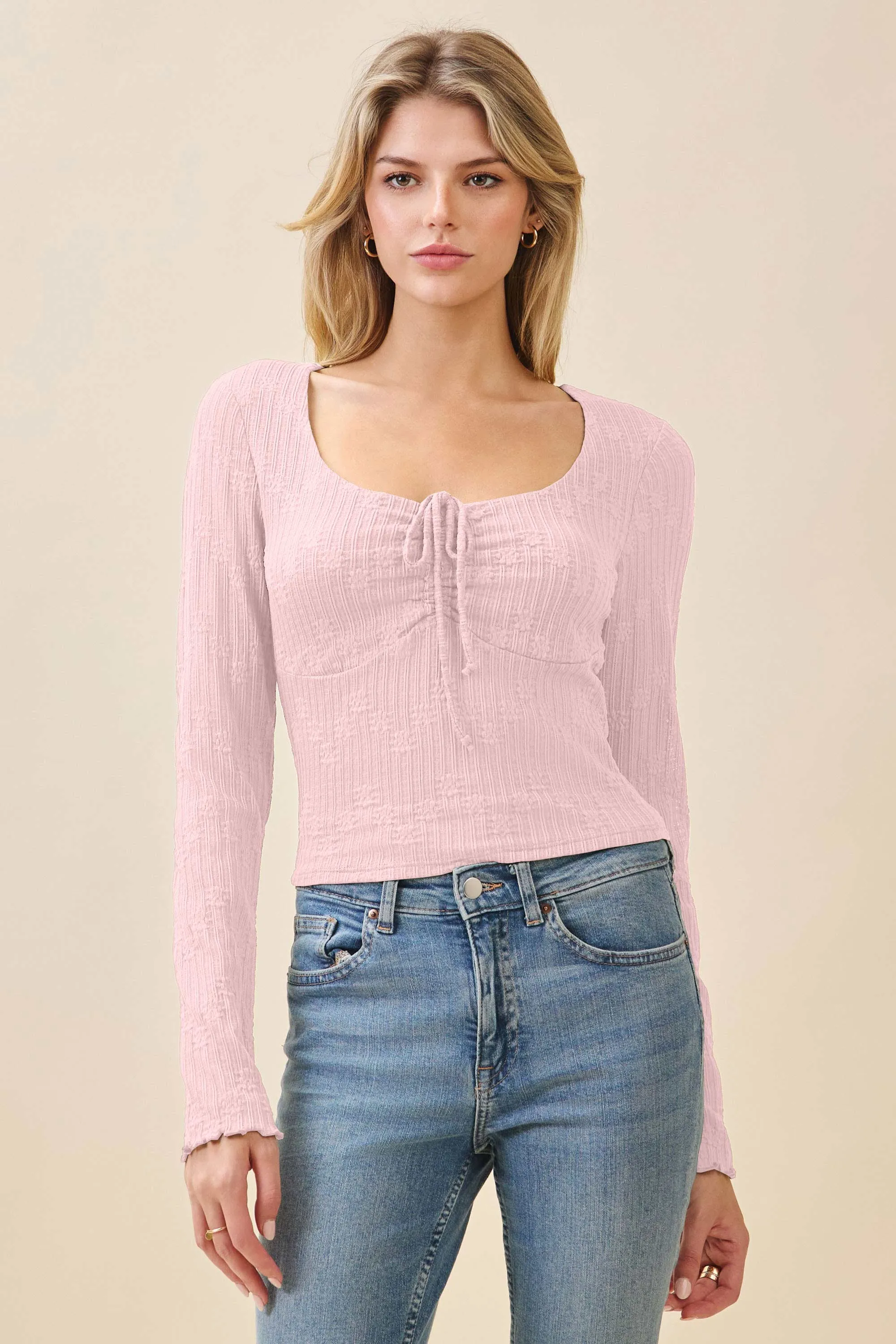 FRONT TIE JACQUARD LACE TOP W/ MERROW EDGE SLEEVE sold by Heart & Hips product image thumbnail 4