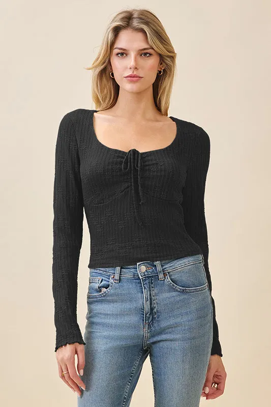 FRONT TIE JACQUARD LACE TOP W/ MERROW EDGE SLEEVE sold by Heart & Hips