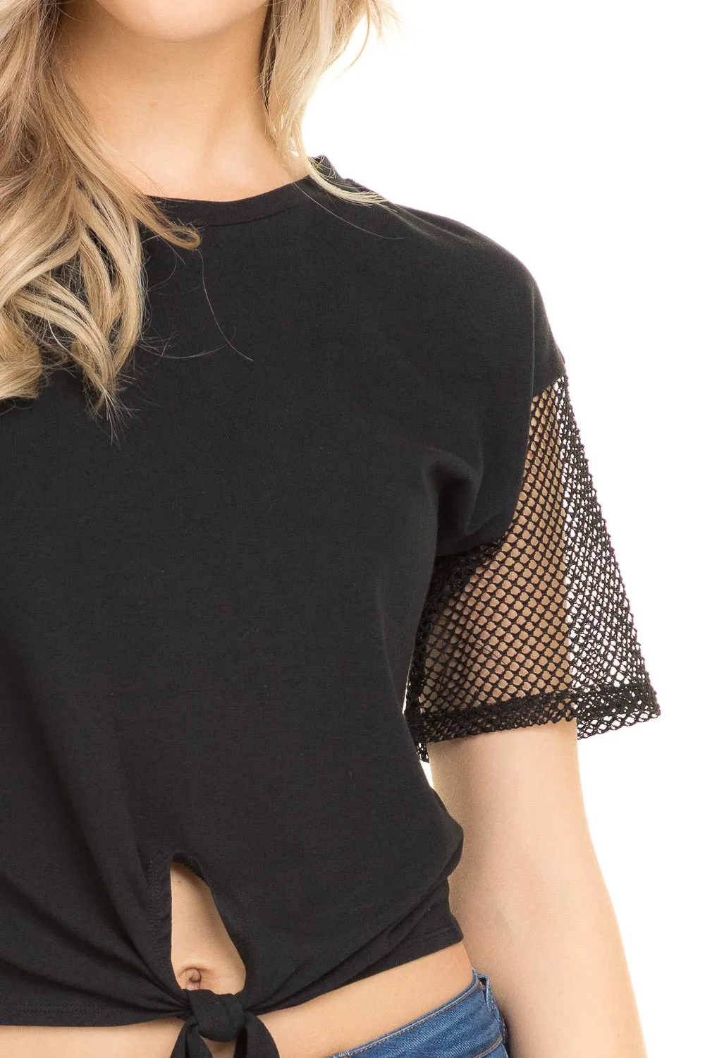 MESH SHORT SLEEVE CROP TIE KNOT TEE TOP sold by Heart & Hips product image thumbnail 2