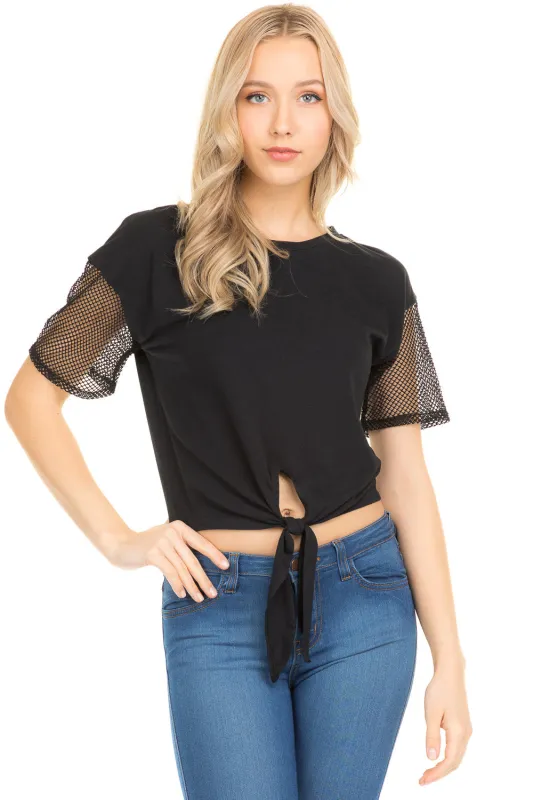 MESH SHORT SLEEVE CROP TIE KNOT TEE TOP made by Heart & Hips