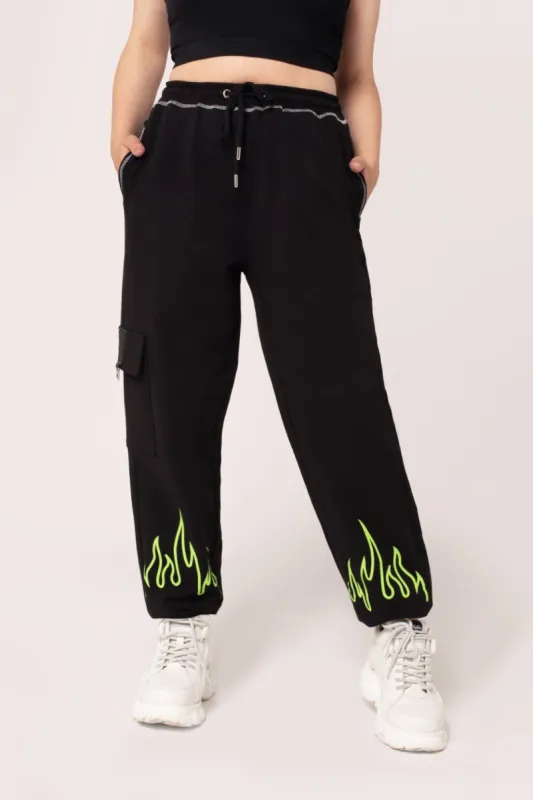 Flames Joggers Black-Green sold by Hell Bunny