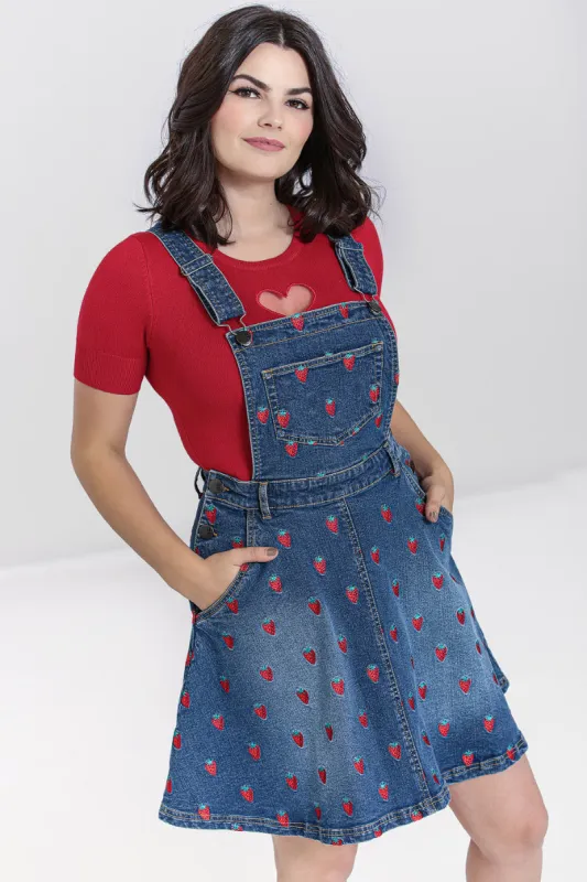 Strawberry Denim Pinafore Dress sold by Hell Bunny