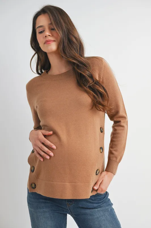 Crew Neck Side Button Knit Maternity Sweater Top made by Hello MIZ