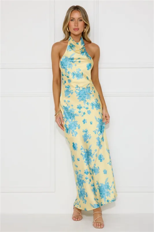 Love Signs Halter Satin Maxi Dress Yellow sold by Hello Molly