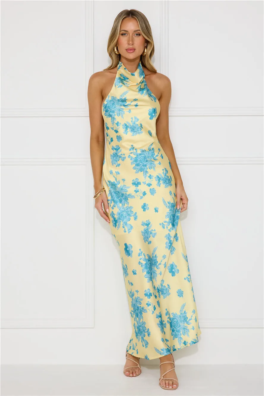 Love Signs Halter Satin Maxi Dress Yellow sold by Hello Molly