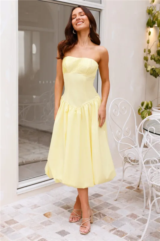Adelaide Strapless Bubble Midi Dress Yellow sold by Hello Molly