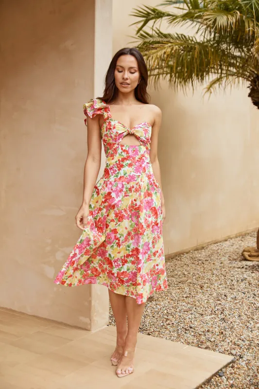 Vibrant Rendezvous One Shoulder Midi Dress Pink sold by Hello Molly