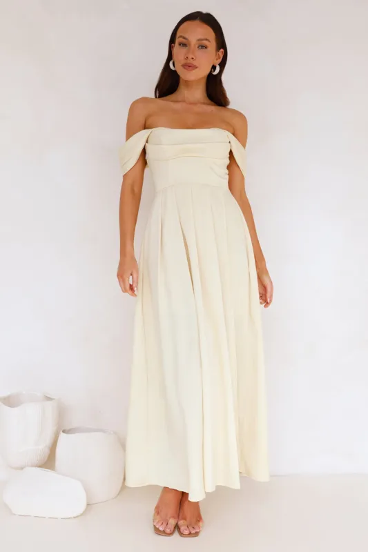 Classy Affair Off Shoulder Satin Maxi Dress Yellow sold by Hello Molly