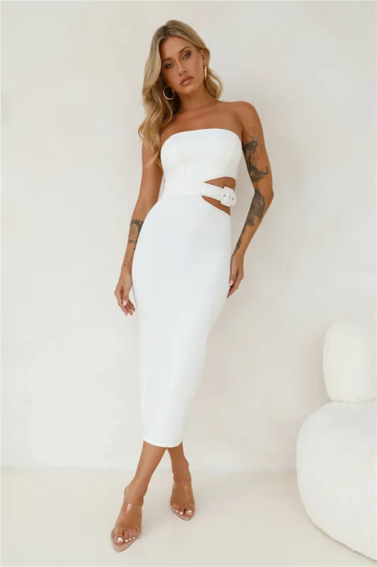 Online Chat Strapless Denim Midi Dress White sold by Hello Molly