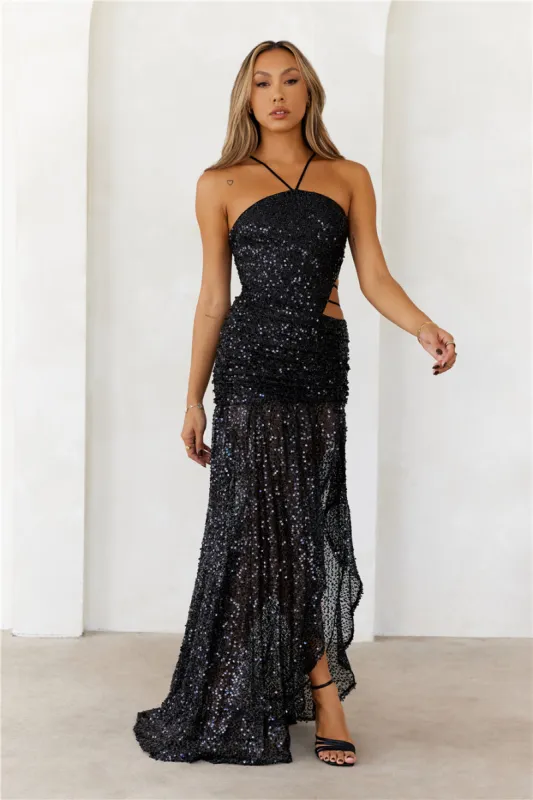 DEAR EMILIA Bedazzled Beauty Sequin Maxi Dress Black sold by Hello Molly