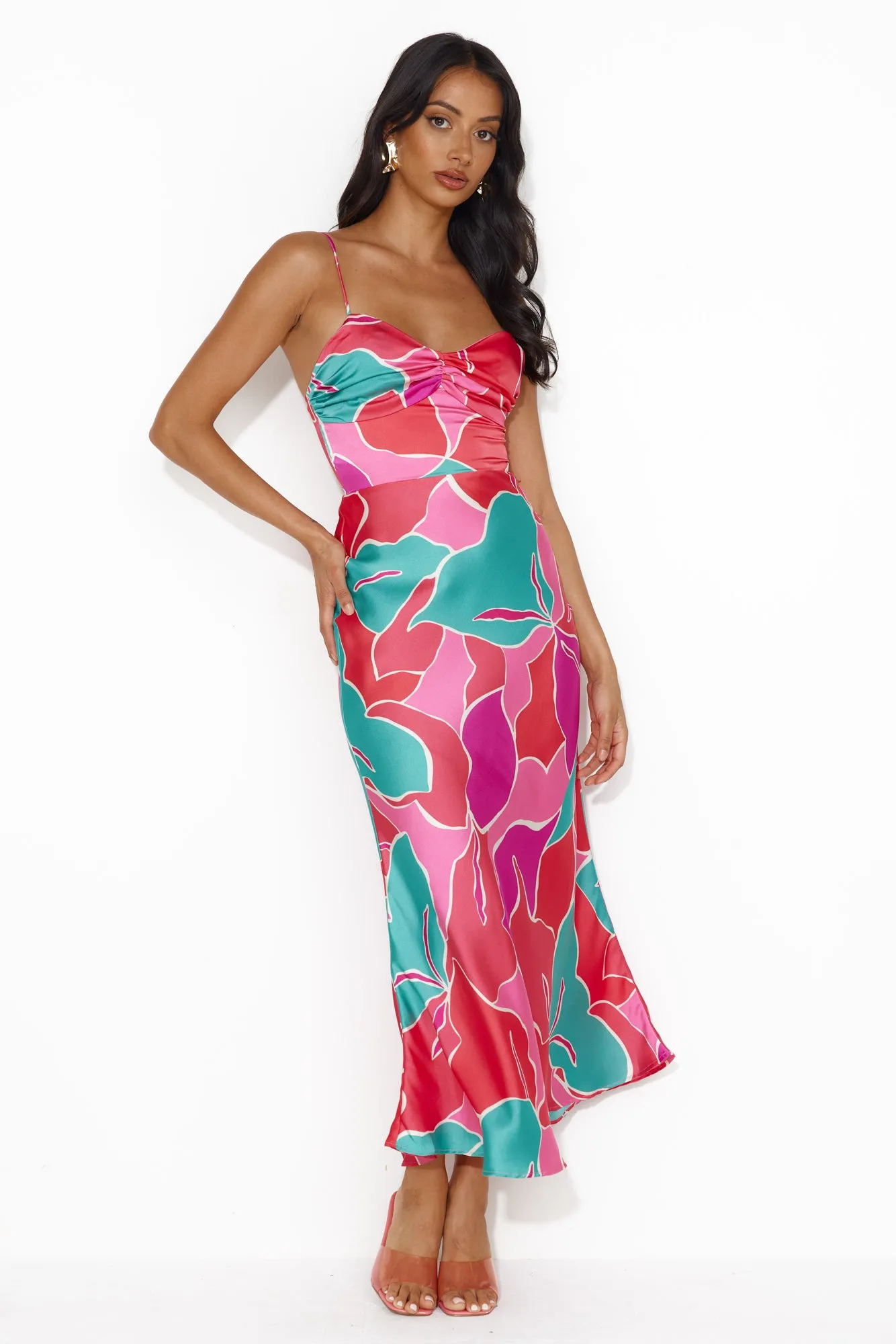 Patch Up Satin Maxi Dress Pink sold by Hello Molly