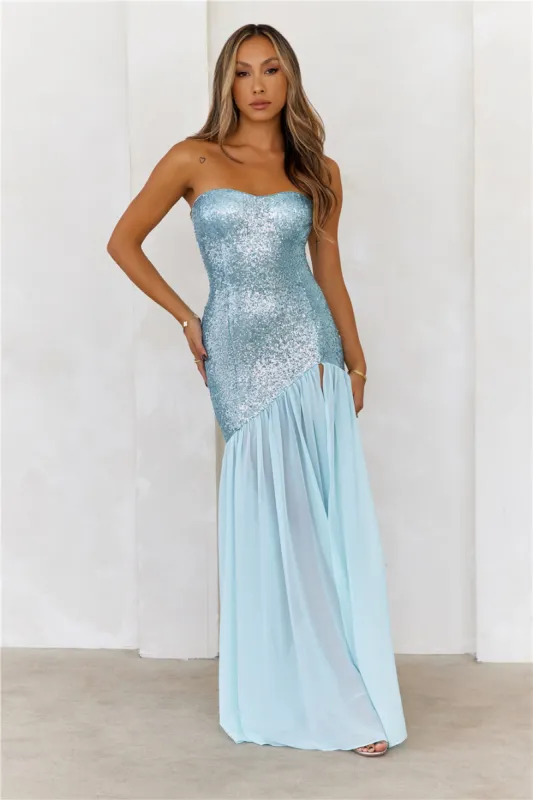 HELLO MOLLY Extravagant Couture Sequin Strapless Maxi Dress Aqua sold by Hello Molly