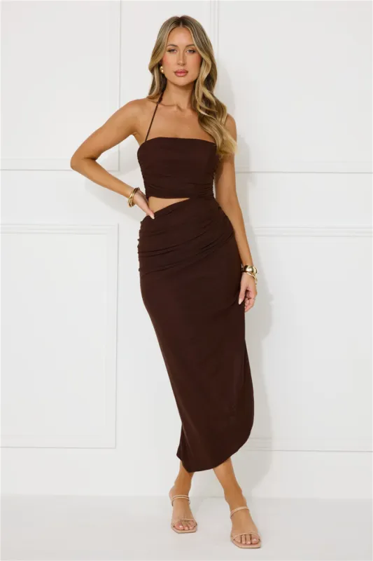 Midnight Enchantment Halter Mesh Midi Dress Brown sold by Hello Molly