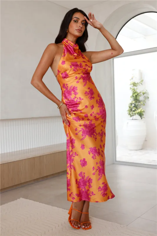 Love Signs Halter Satin Maxi Dress Orange sold by Hello Molly