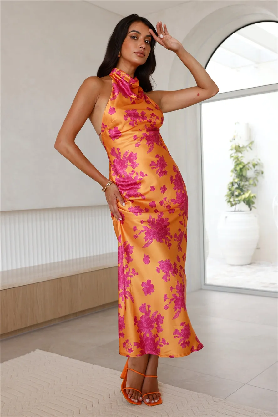 Love Signs Halter Satin Maxi Dress Orange sold by Hello Molly