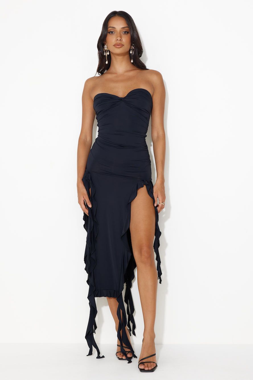 HELLO MOLLY All The Frills Strapless Midi Dress Black sold by Hello Molly