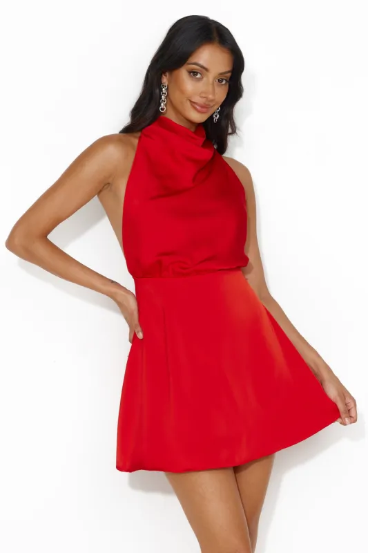 Romantic Location Satin Halter Mini Dress Red sold by Hello Molly
