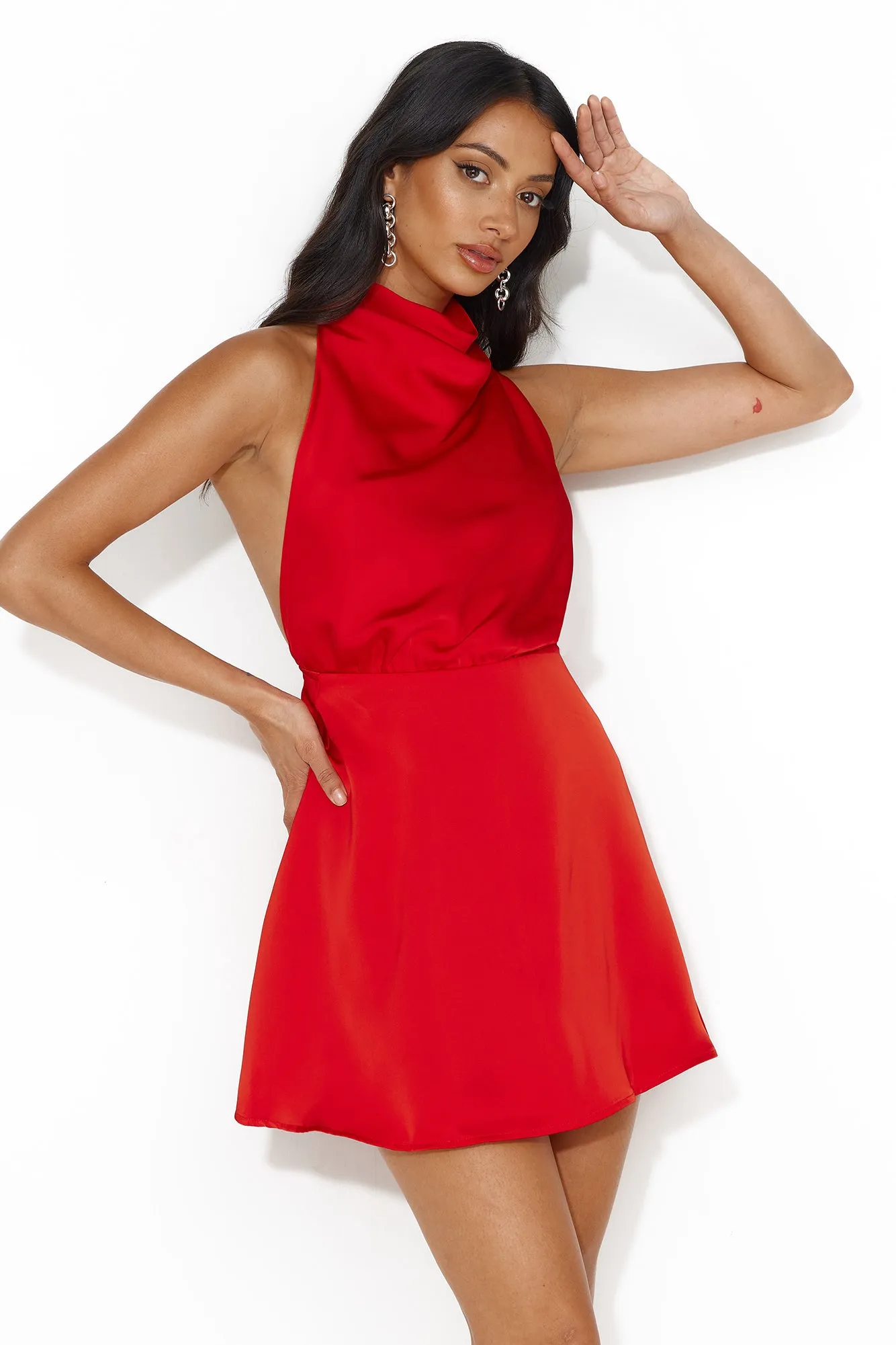 Romantic Location Satin Halter Mini Dress Red sold by Hello Molly product image thumbnail 5