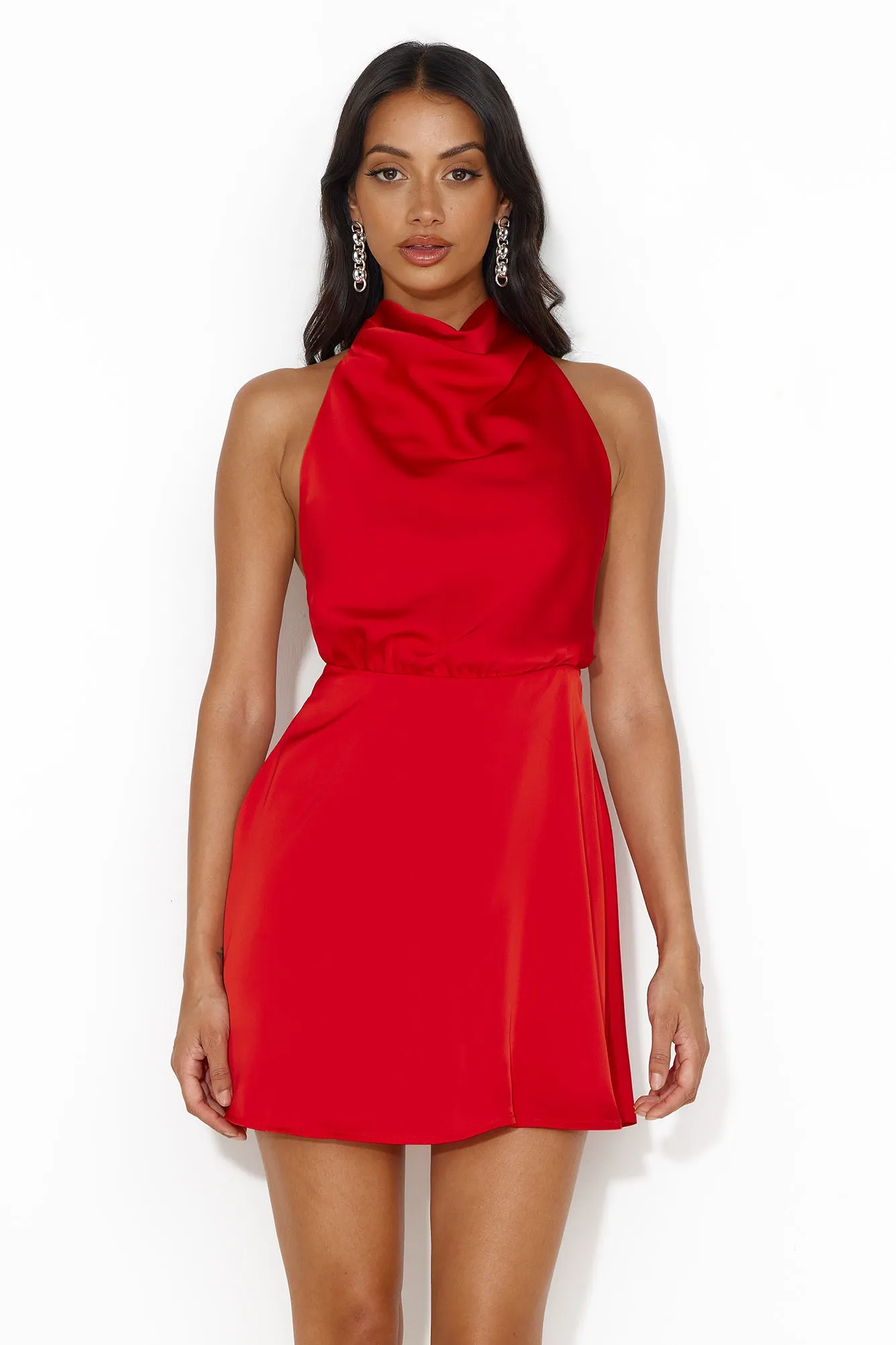 Romantic Location Satin Halter Mini Dress Red sold by Hello Molly product image thumbnail 3