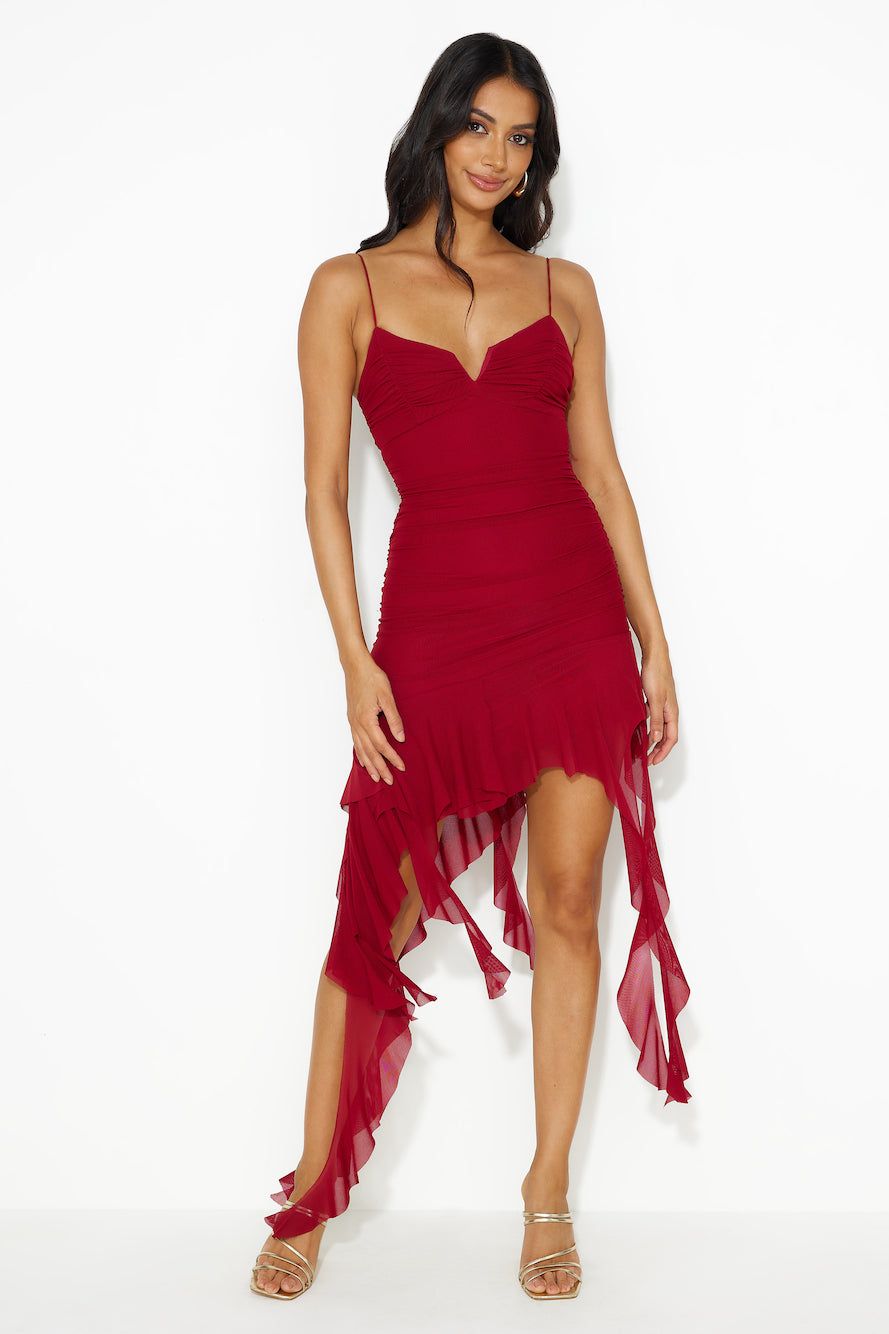 Excite Them Mesh Frill Mini Dress Wine sold by Hello Molly