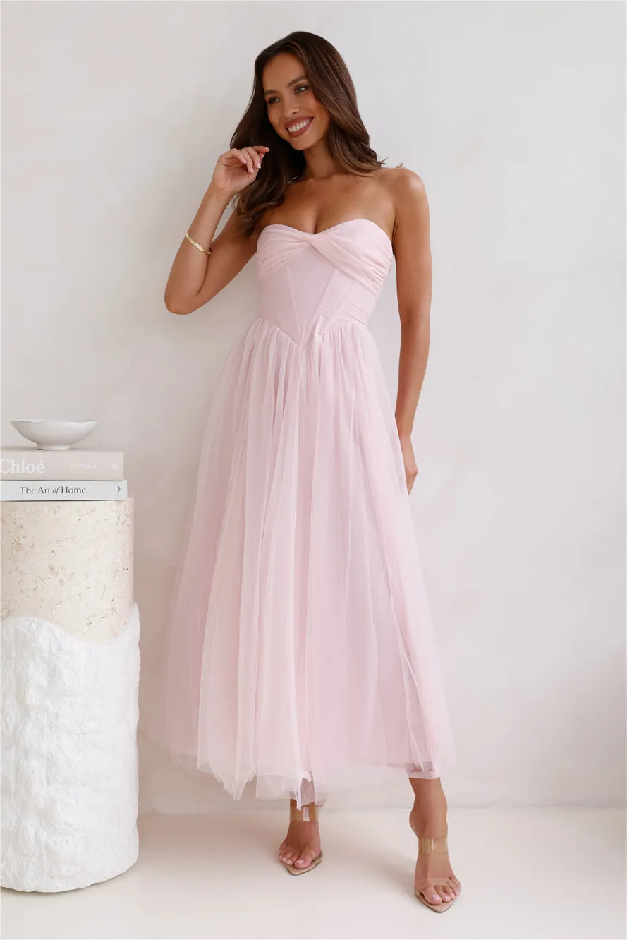 Worthy Of Diamonds Strapless Tulle Midi Dress Pink sold by Hello Molly