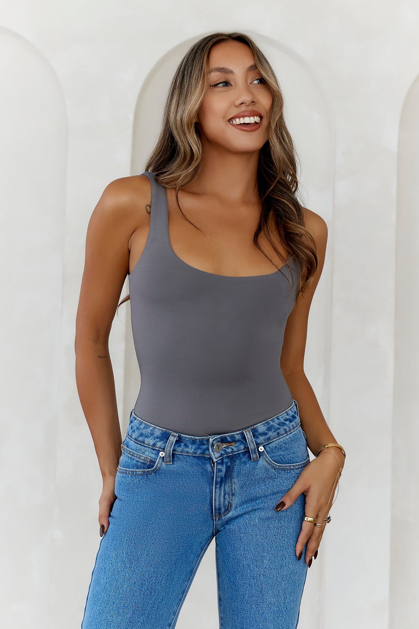 HELLO MOLLY Everyday Staple Singlet Top Charcoal sold by Hello Molly