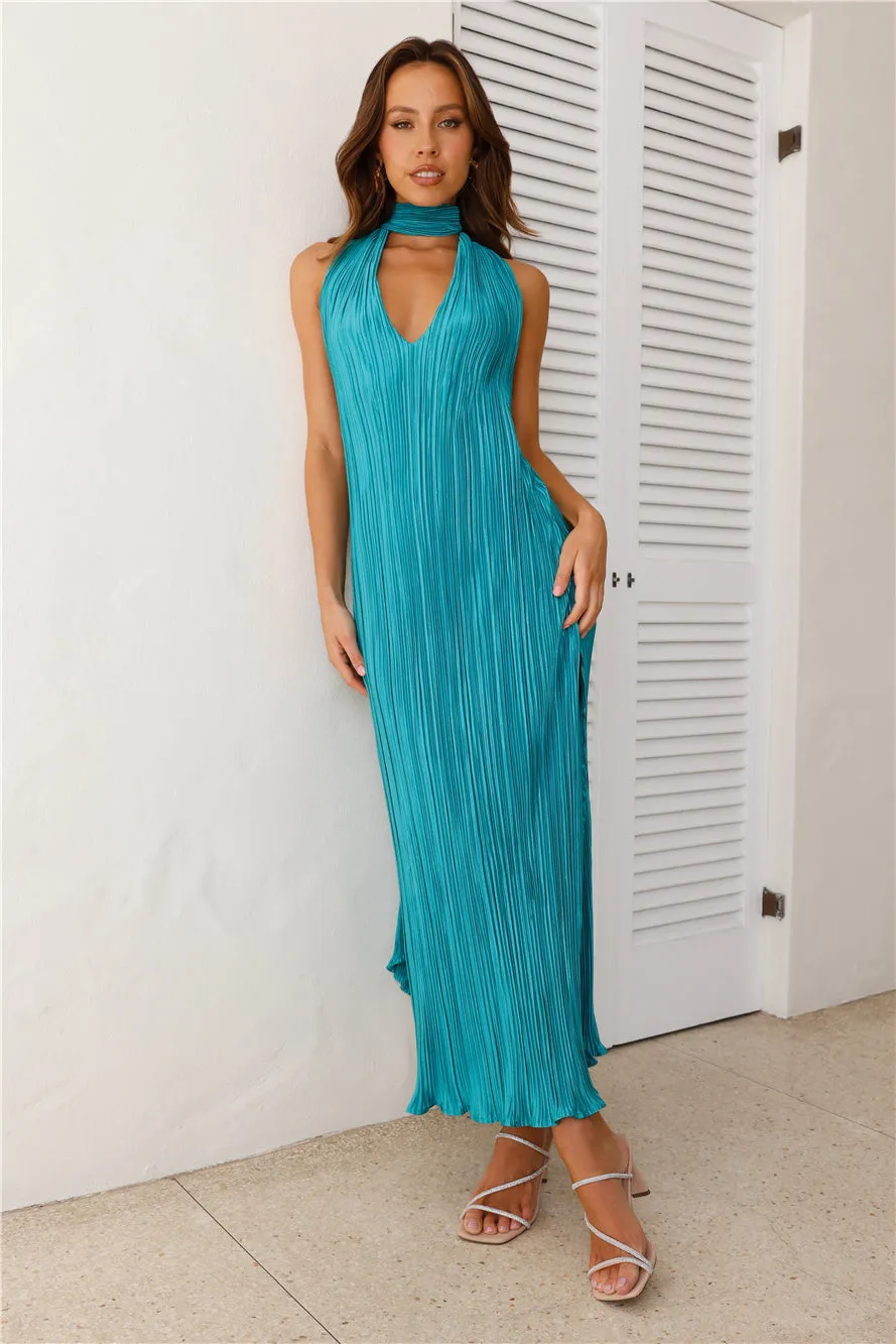 HELLO MOLLY Excitement Plisse Halter Maxi Dress Teal sold by Hello Molly product image thumbnail 2