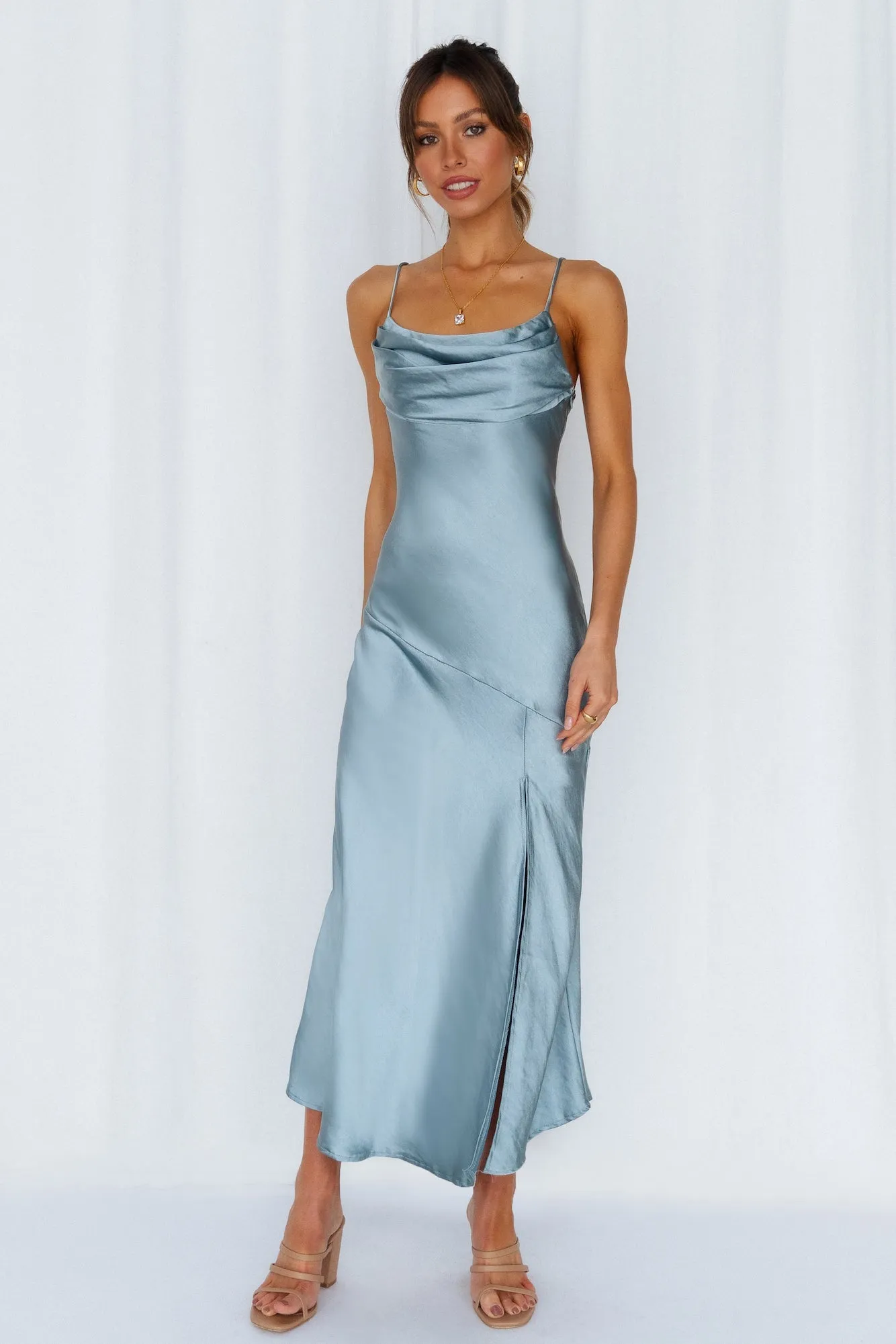 A Little Whisper Satin Midi Dress Blue sold by Hello Molly product image thumbnail 3