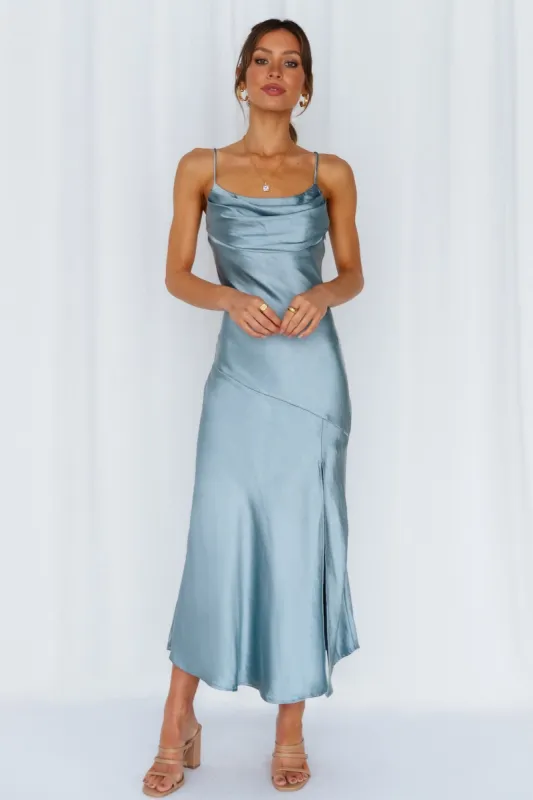 A Little Whisper Satin Midi Dress Blue sold by Hello Molly