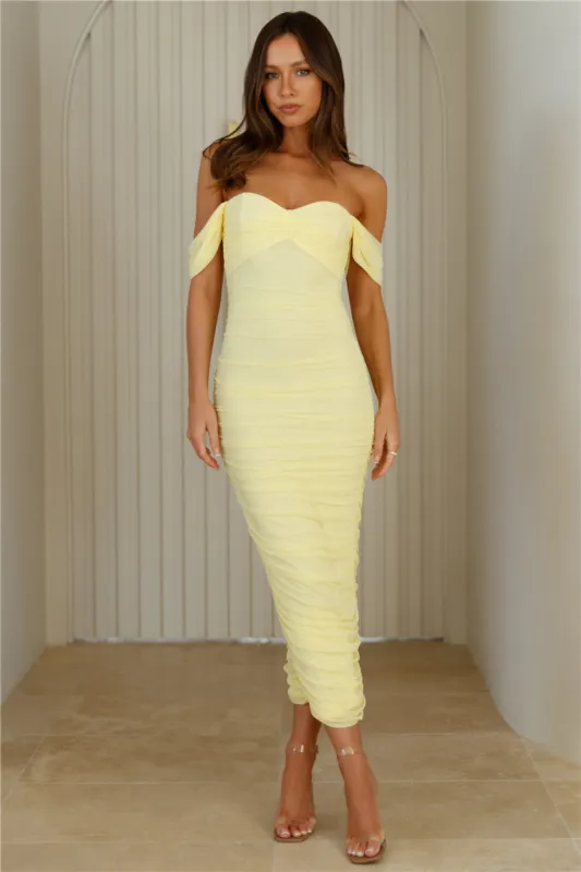 Fitted To Perfection Mesh Midi Dress Yellow sold by Hello Molly
