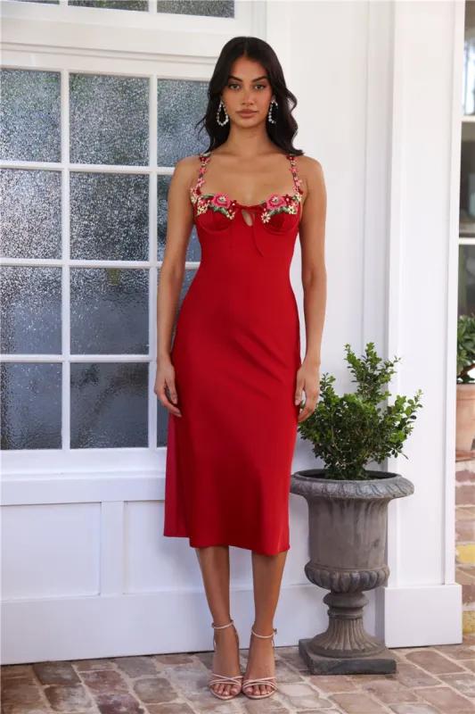 Blooming Relationship Satin Midi Dress Red sold by Hello Molly