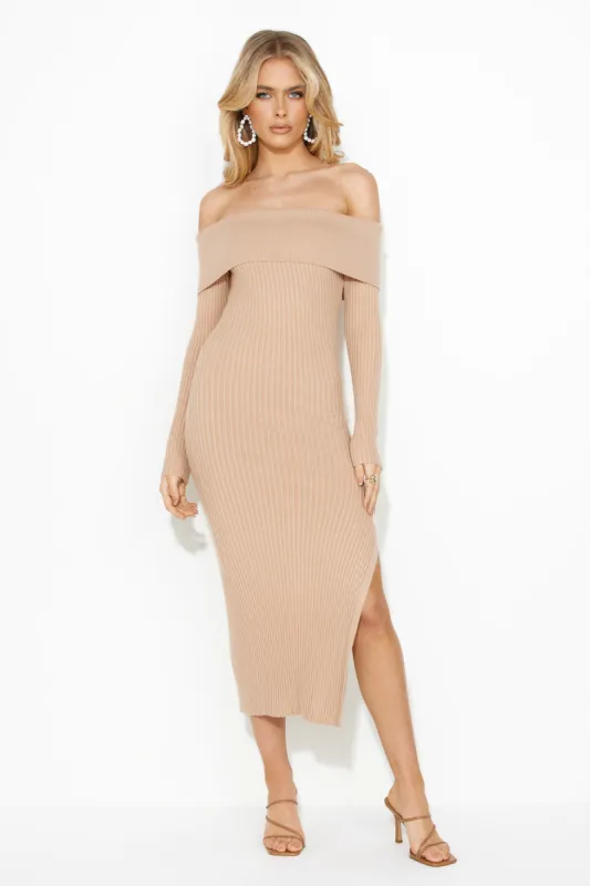 Winter Ice Ribbed Off Shoulder Midi Dress Tan sold by Hello Molly