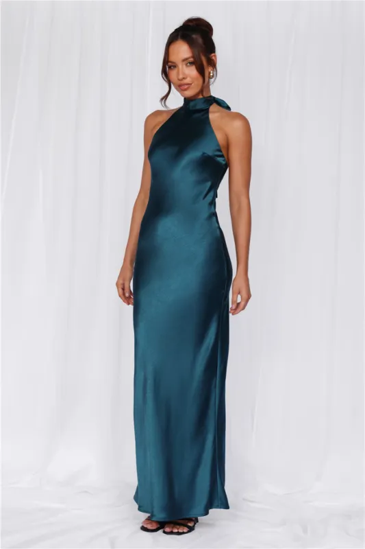 HELLO MOLLY The Cleo Halter Satin Maxi Dress Teal sold by Hello Molly