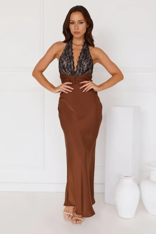 Infinite Affection Halter Lace Maxi Dress Brown sold by Hello Molly