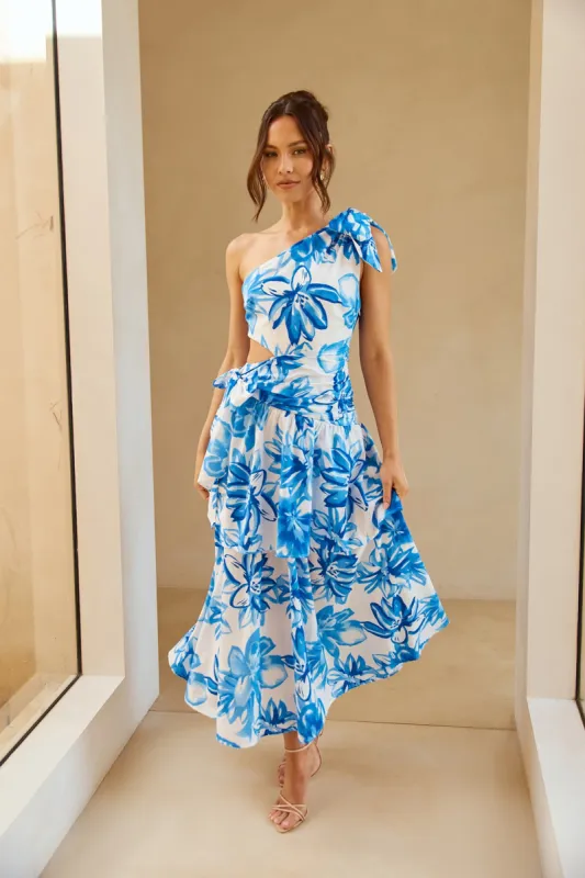 Vibrance Lover One Shoulder Midi Dress Blue sold by Hello Molly