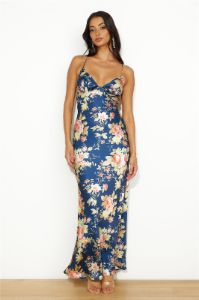 Blooming Passions Satin Maxi Dress Navy sold by Hello Molly