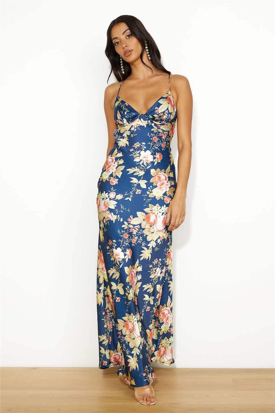Blooming Passions Satin Maxi Dress Navy sold by Hello Molly