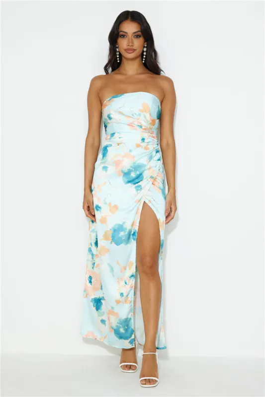 Blooming Feelings Satin Strapless Maxi Dress Blue sold by Hello Molly