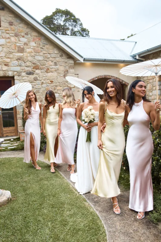 HELLO MOLLY The Felicity Strapless Satin Maxi Dress Pink sold by Hello Molly