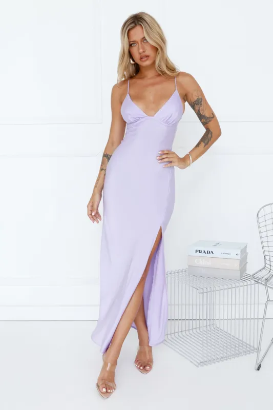 Explain Yourself Satin Maxi Dress Lilac sold by Hello Molly