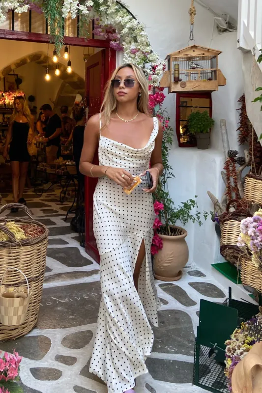 HELLO MOLLY Dotted Moment Satin Polka Dot Midi Dress Cream sold by Hello Molly