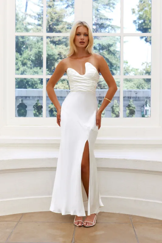 Happy Glow Strapless Satin Maxi Dress Pearl sold by Hello Molly