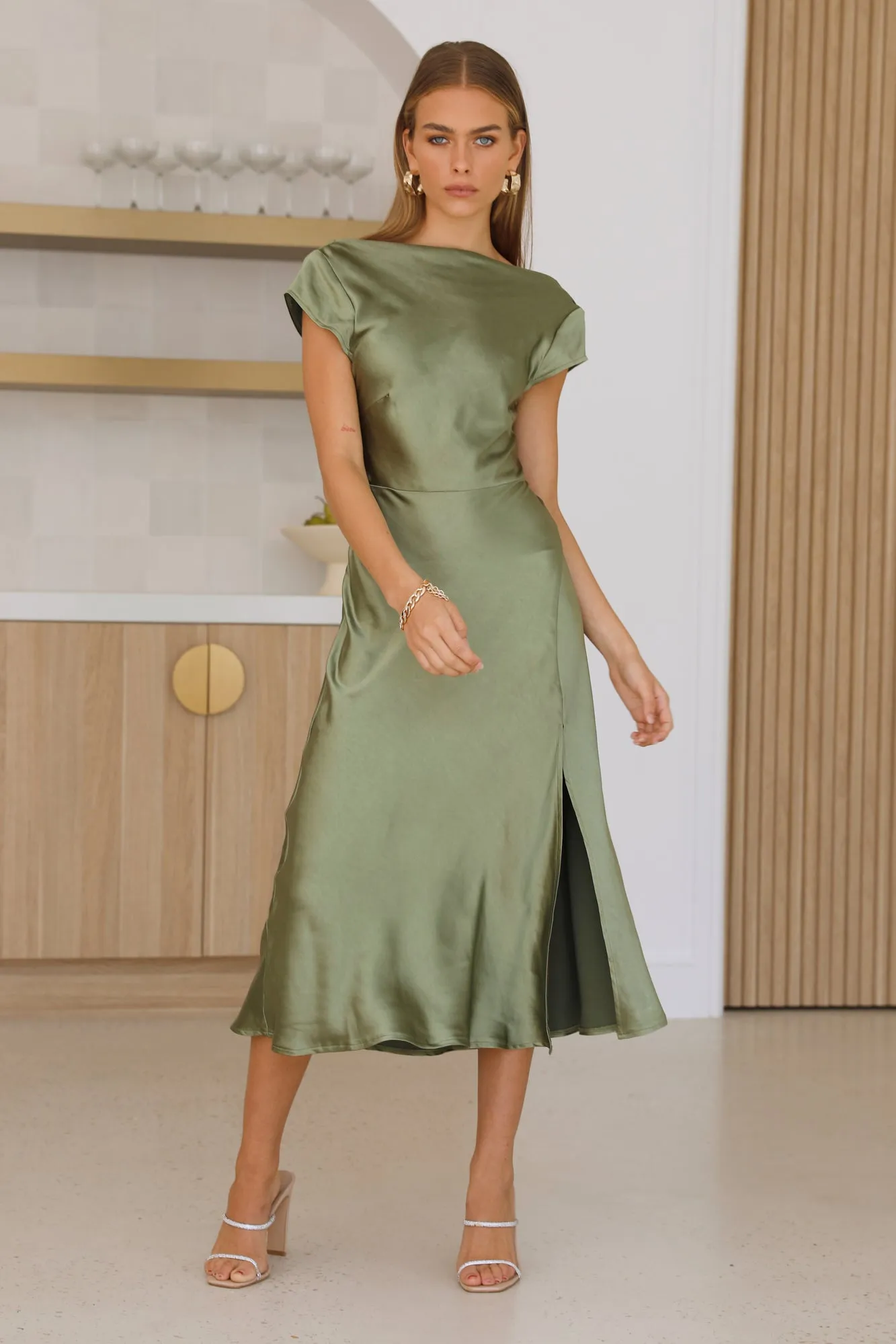Get In Formation Satin Midi Dress Olive sold by Hello Molly product image thumbnail 3