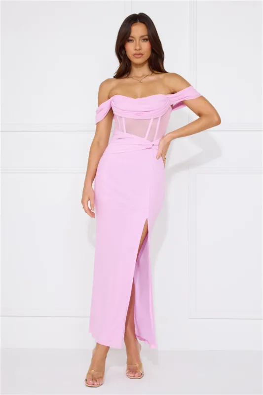 Evening Of Class Off Shoulder Mesh Maxi Dress Lilac sold by Hello Molly
