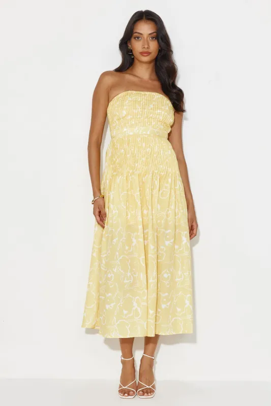 Tropical Scent Strapless Midi Dress Yellow sold by Hello Molly