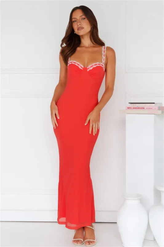 Showcasing Statement Mesh Maxi Dress Red sold by Hello Molly