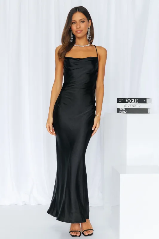Kissin All Night Satin Maxi Dress Black sold by Hello Molly